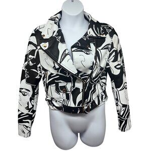 Azalea Wang Designer Faux Leather Black White Graphic Moto Zip Belted Jacket M